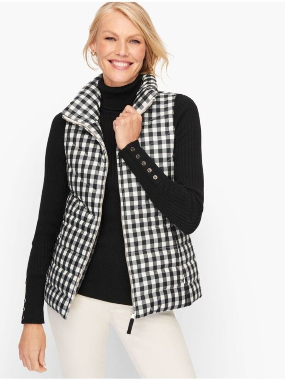 Talbots Black White Buffalo Check Puffer Quilted Full Zip Vest Pockets Size M